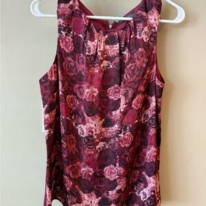 Suzy Shier Rose Print Sleeveless Blouse - Burgundy and Pink